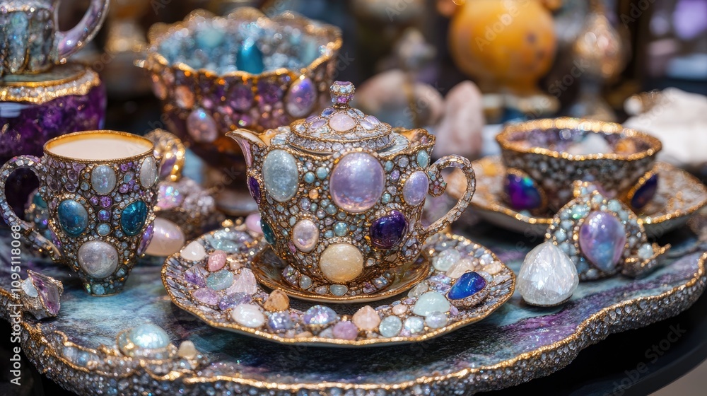 Extravagant Tea Set Adorned with Gemstones and Crystals Displaying a Fusion of Artistry and Nature in a Luxurious Table Setting Extravagant Tea Set Adorned with Gemstones and Crystals Displaying a Fusion of Artistry and Nature in a Luxurious Table Setting