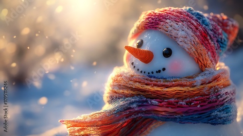 The snowman’s colorful scarf flowing dramatically in the wind, a child’s delighted face illuminated by soft natural light, frost-covered details on the scarf and snow, Canon EOS R6 with 20mm lens, photo