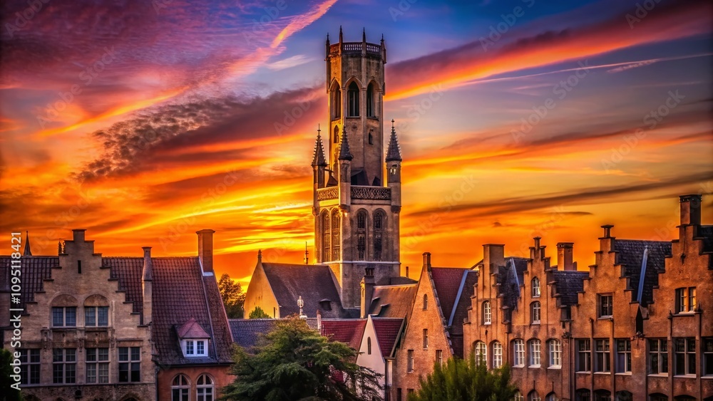 Fototapeta premium Stunning Silhouette Photography of the Belfry Tower in Brugge Against a Dramatic Sunset Sky, Showcasing Architectural Beauty and Historical Significance for Travel Enthusiasts