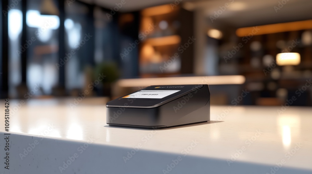 Modern Payment Terminal on a Restaurant Counter Modern Payment Terminal on a Restaurant Counter