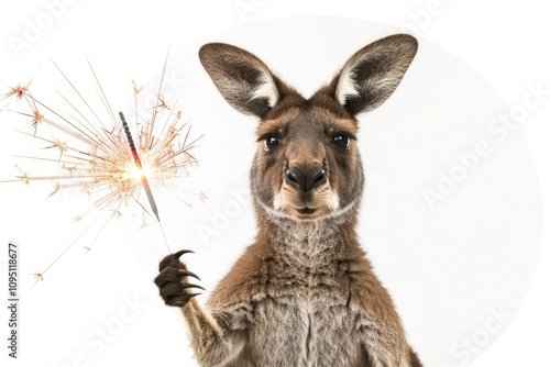 A kangaroo holding a sparkler in its hand, perfect for summer celebrations or party decorations