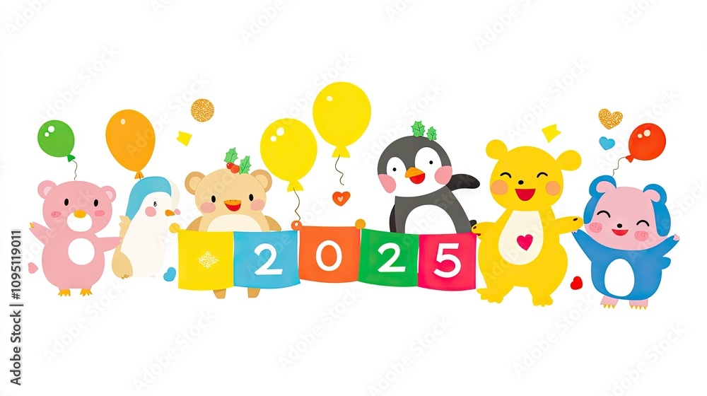 Cute Cartoon Animals Celebrating New Year 2025 with Colorful Balloons and Festive Decorations in a Cheerful and Playful Style Cute Cartoon Animals Celebrating New Year 2025 with Colorful Balloons and Festive Decorations in a Cheerful and Playful Style