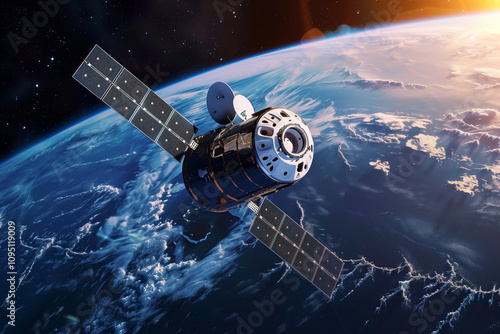 Fototapeta Naklejka Na Ścianę i Meble -  cargo spacecraft with solar panels orbiting planet Earth