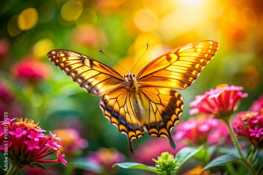 Obraz premium Stunning Tilt-Shift Photography of a Golden Butterfly in a Lush Garden Setting, Capturing the Delicate Details and Vibrant Colors Amidst Dreamy Background Blur