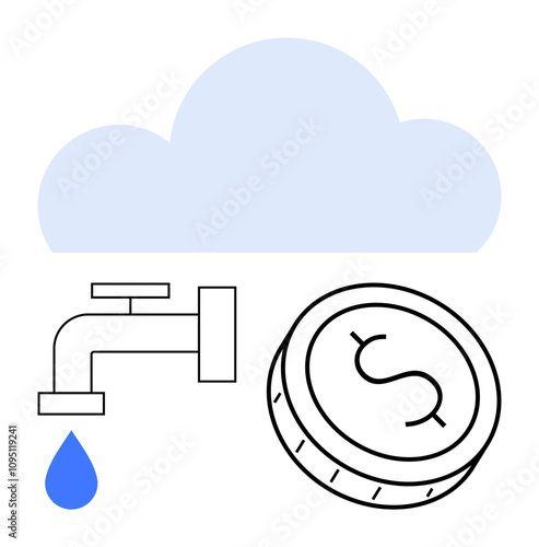 Cloud with faucet dripping water drop and coin with dollar sign. Ideal for finance, cloud services, cash flow, investment, conservation, savings, technology. Line metaphor