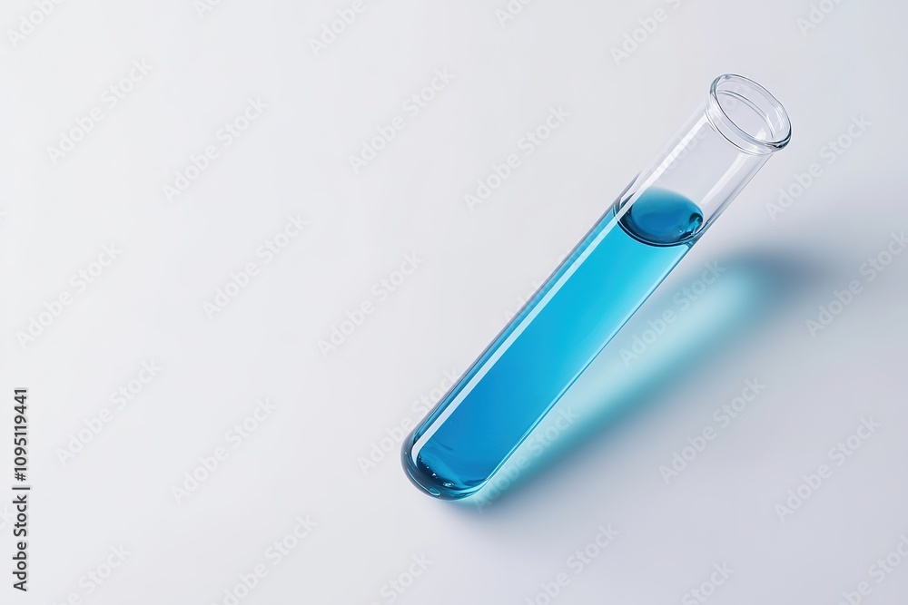 Blue liquid in tilted test tube on white surface Blue liquid in tilted test tube on white surface