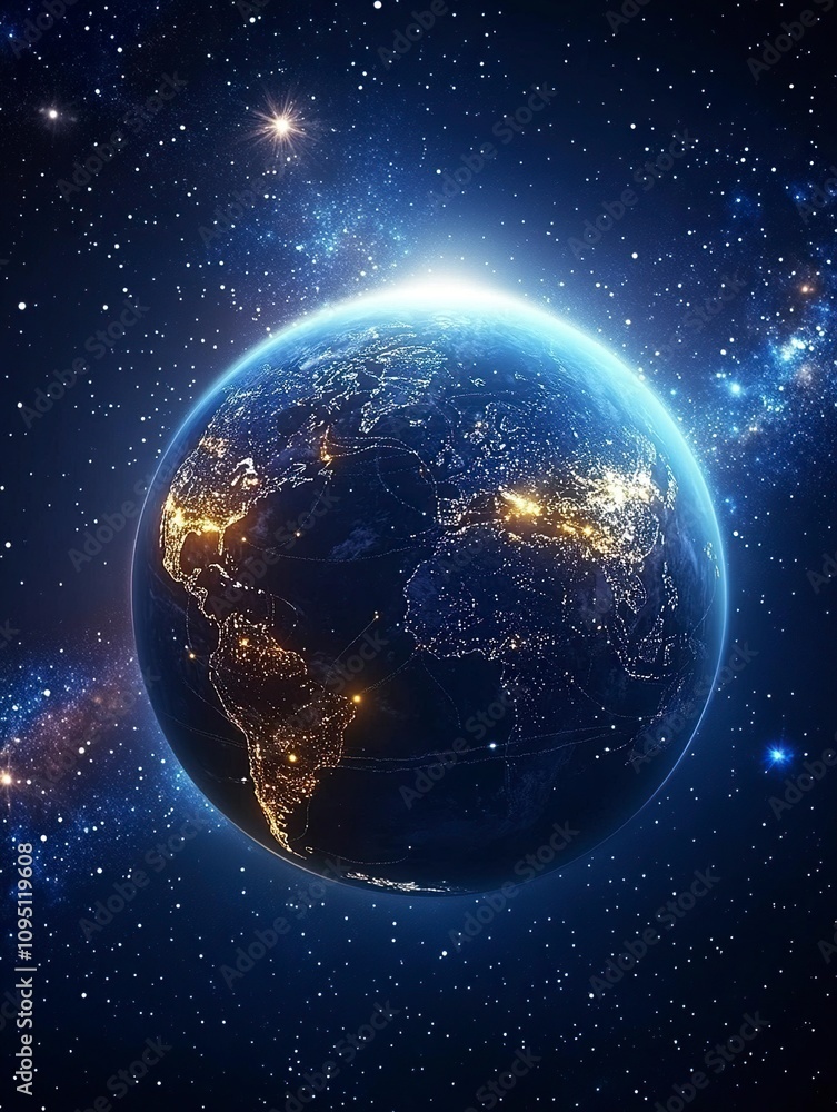 Obraz premium Night planet earth from space with light lines of communication and connection. Business and finance, concept. Global communications system and the World Wide Web.