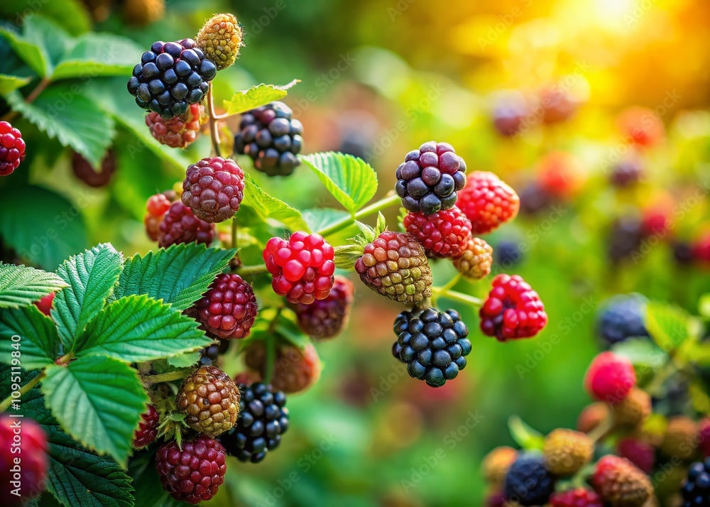Stunning Tilt-Shift Photography of Lush Blackberry Bushes with Juicy Berries in a Garden Setting, Capturing the Beauty and Detail of Nature's Delicious Produce Stunning Tilt-Shift Photography of Lush Blackberry Bushes with Juicy Berries in a Garden Setting, Capturing the Beauty and Detail of Nature's Delicious Produce