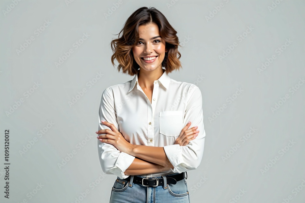 Confident Smiling Businesswoman in Stylish White Shirt Posing Against Minimalist Grey Background Confident Smiling Businesswoman in Stylish White Shirt Posing Against Minimalist Grey Background