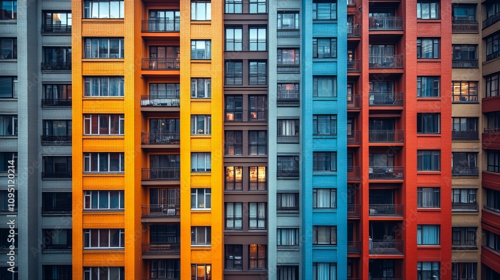 Brightly colored apartment buildings stand tall in the urban landscape as the sun sets, casting a warm glow over the vibrant neighborhood Brightly colored apartment buildings stand tall in the urban landscape as the sun sets, casting a warm glow over the vibrant neighborhood