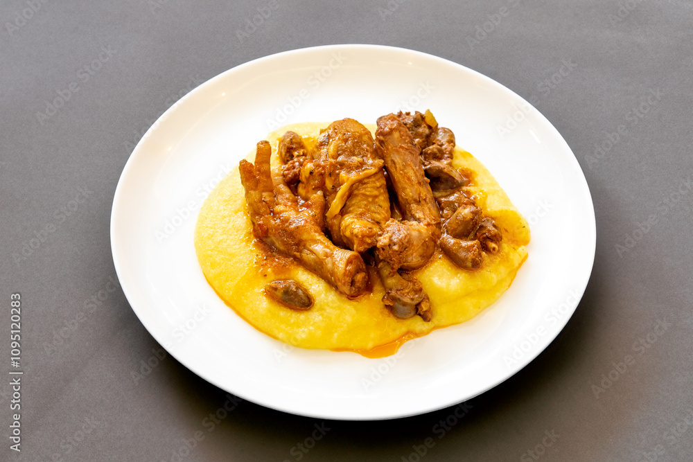 Traditional and rustic Brazilian dish, free-range chicken with polenta. Real food Traditional and rustic Brazilian dish, free-range chicken with polenta. Real food