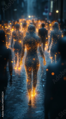 Enigmatic figures traverse a dimly lit city street, their bodies aglow with radiant sparks, creating a mesmerizing spectacle in the twilight photo