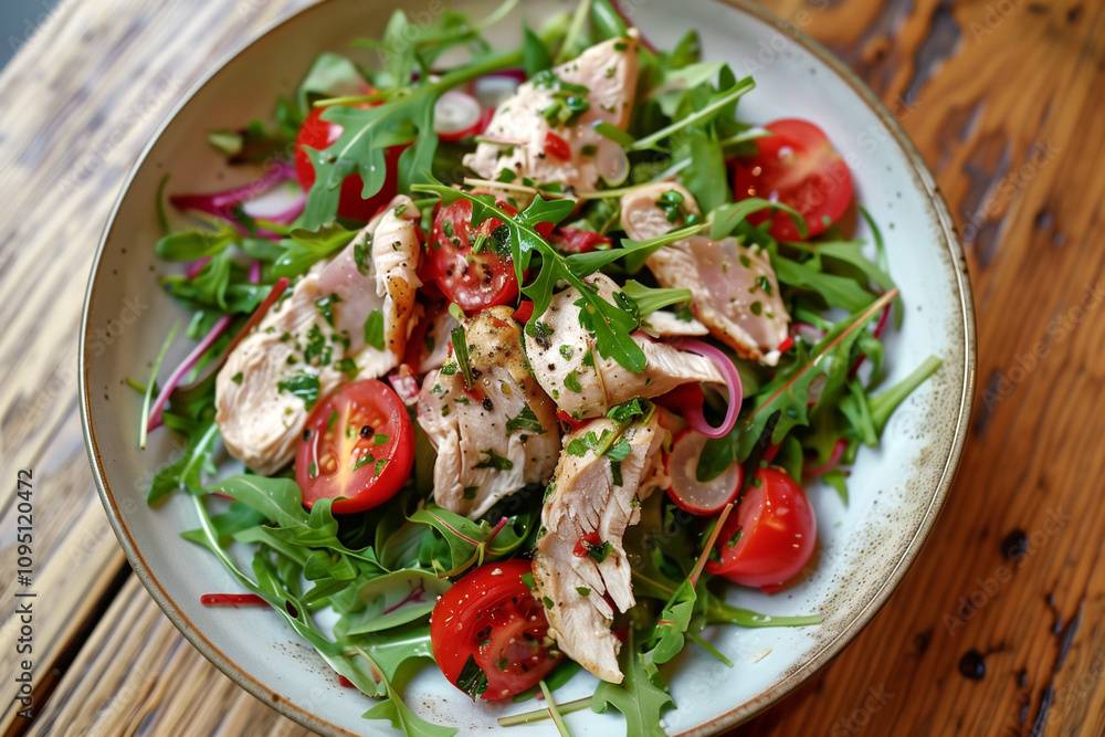 fresh salad with chicken tomatoes herbs arugula, selective focus fresh salad with chicken tomatoes herbs arugula, selective focus