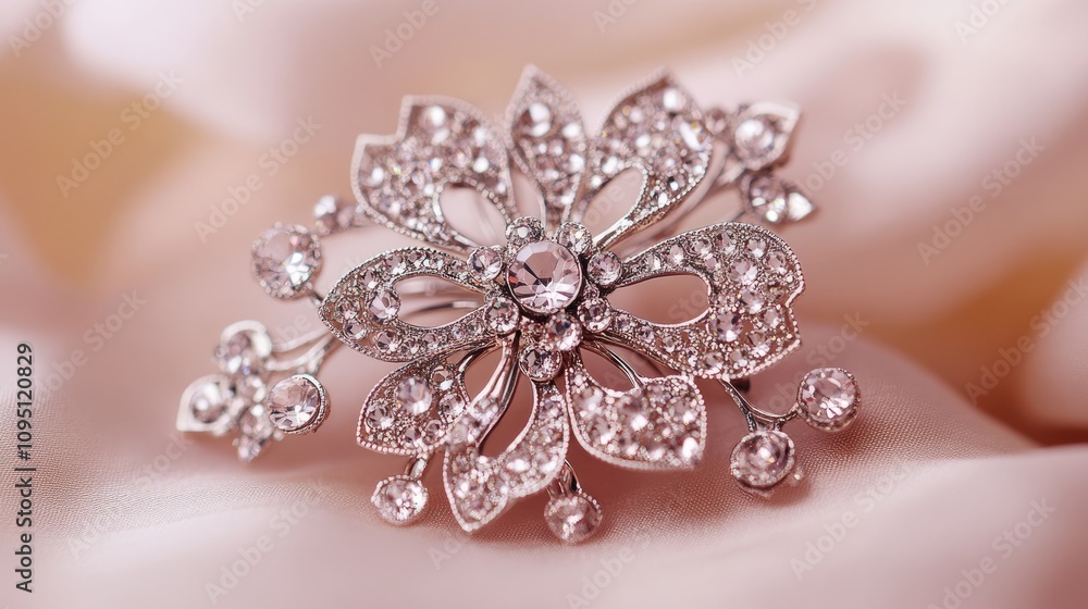 Elegant Floral Brooch with Sparkling Crystals on Soft Fabric Background, Perfect Accessory for Weddings, Parties, and Formal Events, Timeless Jewelry Design Elegant Floral Brooch with Sparkling Crystals on Soft Fabric Background, Perfect Accessory for Weddings, Parties, and Formal Events, Timeless Jewelry Design