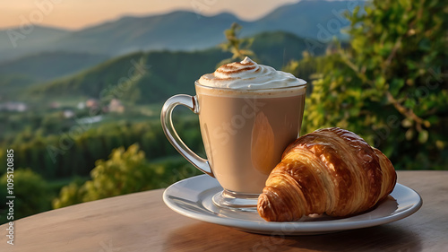 Fragrant cappuccino A glass and a warm croissant On the glass table on the balcony of the coffee shop In the beautiful backdrop of green mountains in the evening. warm sunshine