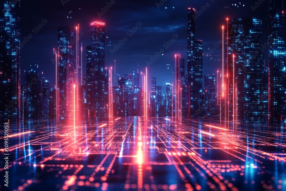 Futuristic Cityscape Neon Lights Digital Network Smart City Technology Futuristic Cityscape Neon Lights Digital Network Smart City Technology
