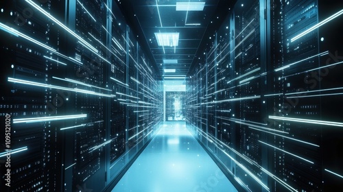 Shot of Corridor in Working Data Center Full of Rack Servers and Supercomputers with Internet connection Visualization Projection  technology  digital  futuristic  future 