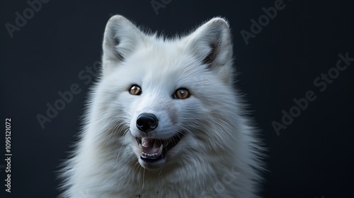 A close-up portrait of a smiling Arctic fox with striking features against a dark background.