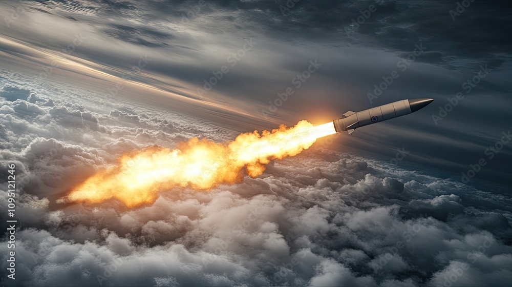 Dramatic Rocket Ignition with Flames and Smoke Launching into the Sky Above Clouds in a Dynamic Atmospheric Setting Dramatic Rocket Ignition with Flames and Smoke Launching into the Sky Above Clouds in a Dynamic Atmospheric Setting