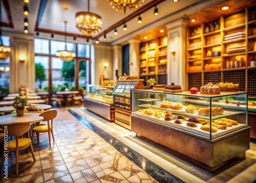 Stylish Bakery Interior Featuring Elegant Marble Floors and Cozy Ambiance, Perfect for Pastry Lovers and Gourmet Treats in a Chic Urban Setting