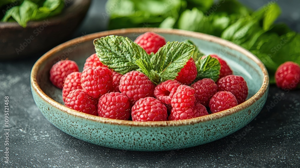 Fresh raspberries displayed in a ceramic bowl culinary photography kitchen setting close-up view vibrant food concept Fresh raspberries displayed in a ceramic bowl culinary photography kitchen setting close-up view vibrant food concept