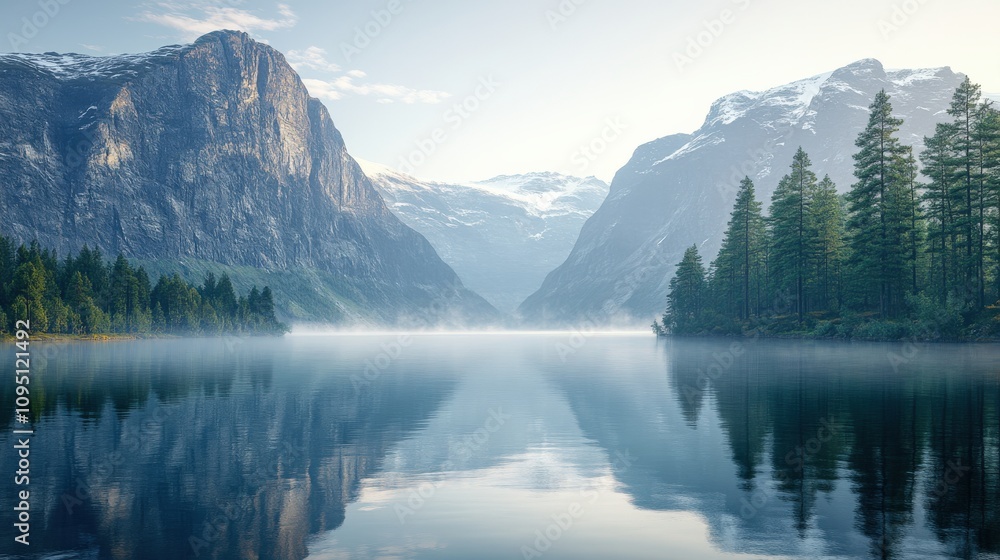 Stunning Tranquil Mountain Lake Reflection at Dawn with Majestic Pines and Misty Atmosphere in Serene Nature Landscape Photography for Travel Inspiration Stunning Tranquil Mountain Lake Reflection at Dawn with Majestic Pines and Misty Atmosphere in Serene Nature Landscape Photography for Travel Inspiration