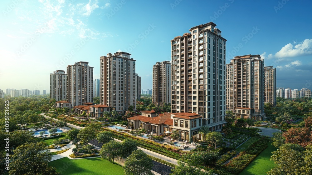 Fototapeta premium Luxury Apartment Complex: Modern Architecture and Landscaping