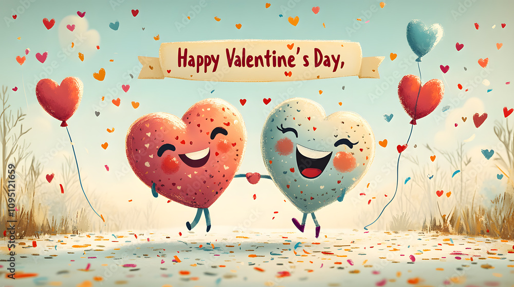 A playful illustration in a retro cartoon style of two animated hearts holding hands while walking under a banner that says