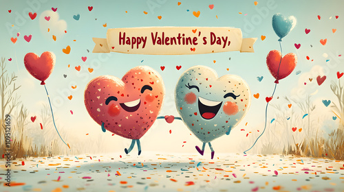 Obraz na płótnie A playful illustration in a retro cartoon style of two animated hearts holding hands while walking under a banner that says