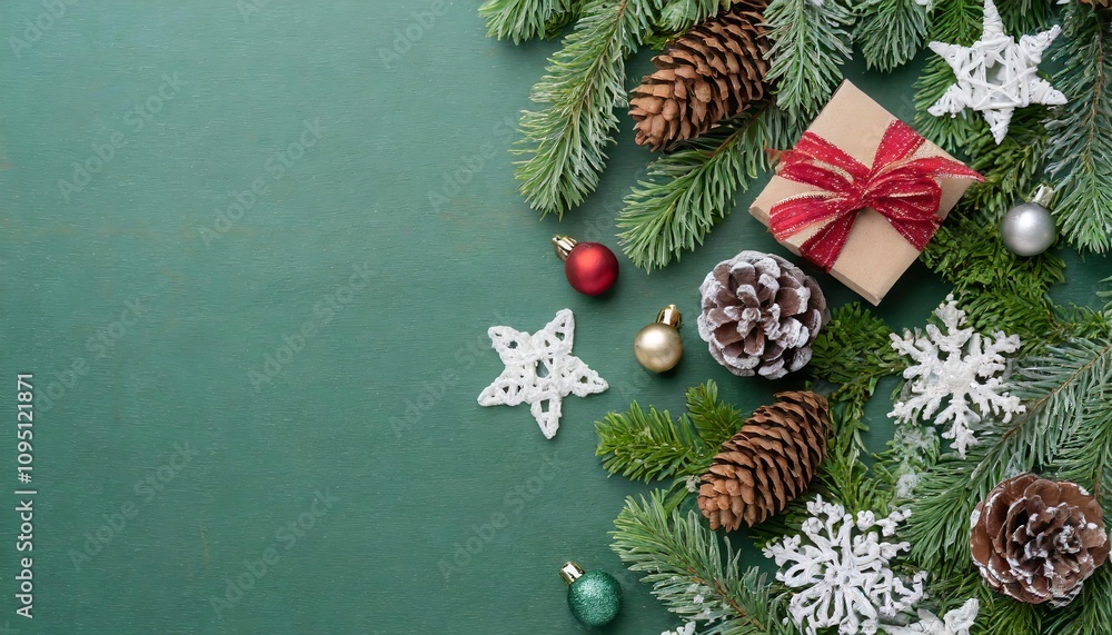 Christmas flat lay. Stylish christmas border with festive decorations, confetti,gift, fir branches on green background. Merry Christmas! Seasons greetings card template, space for text Christmas flat lay. Stylish christmas border with festive decorations, confetti,gift, fir branches on green background. Merry Christmas! Seasons greetings card template, space for text