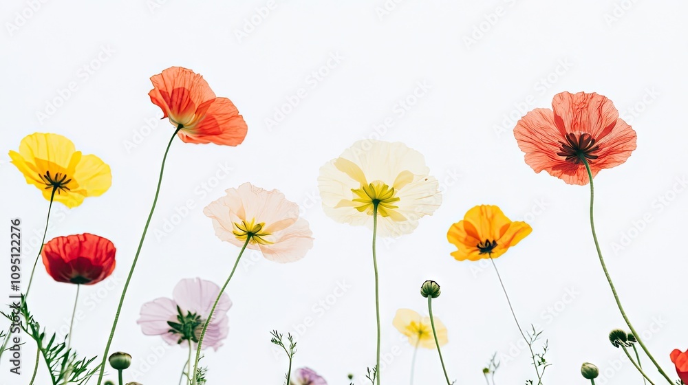 Fototapeta premium Vibrant Poppy Flowers in Various Colors Leaning Towards the Sky Against a Soft White Background Showcasing Natures Beauty and Delicate Petal Structures