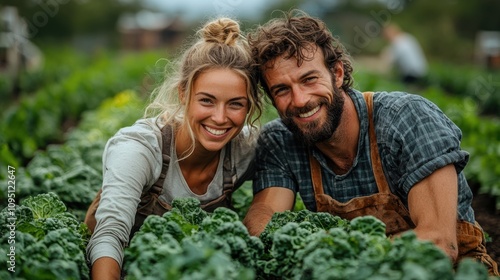 Wallpaper Mural Happy Young Couple Smiling at Camera While Working Together in a Lush Green Vegetable Garden Surrounded by Fresh Kale and Colorful Crops on a Sunny Day Torontodigital.ca