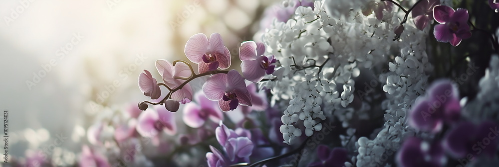 A garden scene showcasing a variety of orchids in full bloom, with delicate petals in different shades of purple and white, cultural significance during the New Year. Horizontal banner with copy space A garden scene showcasing a variety of orchids in full bloom, with delicate petals in different shades of purple and white, cultural significance during the New Year. Horizontal banner with copy space