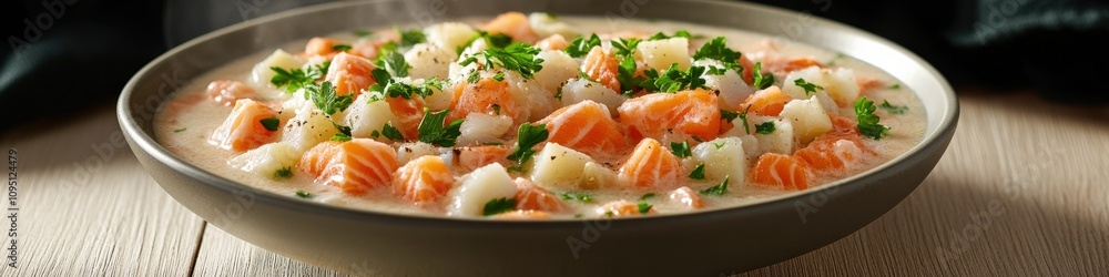 Delicious Creamy Salmon and Potato Soup with Chives in Rustic Bowl - Perfect Hearty Comfort Food Recipe for Cozy Evenings - Seafood and Vegetable Delight