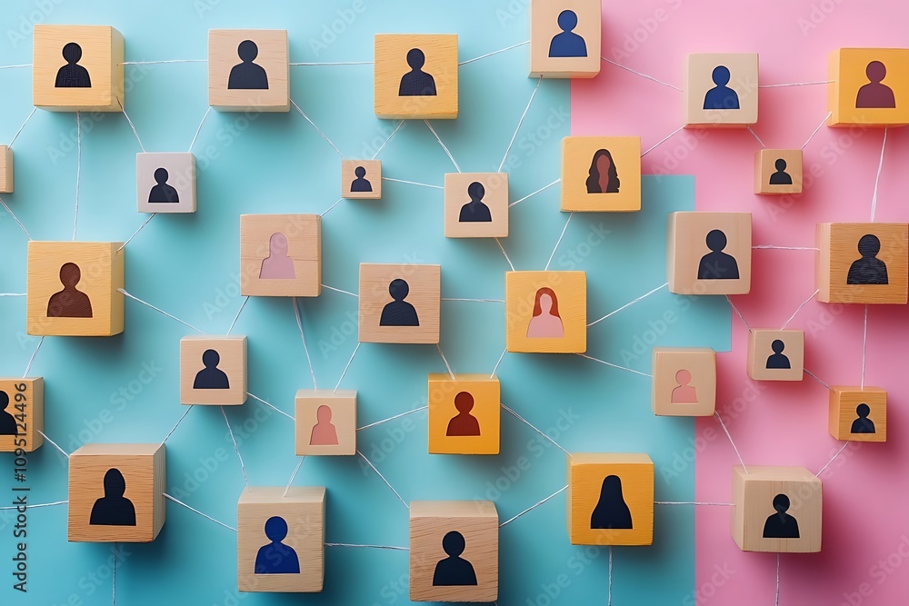 Interconnected Wooden Blocks Diverse Personnel Network on Pastel Background Interconnected Wooden Blocks Diverse Personnel Network on Pastel Background