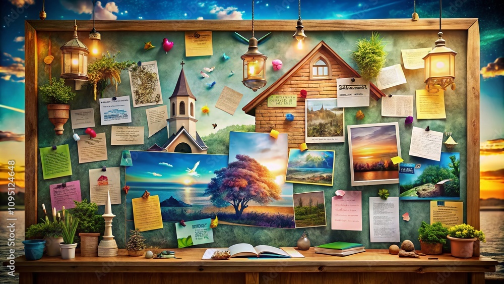 Obraz premium Surreal Church Bulletin Board Design Featuring Whimsical Elements, Dreamy Colors, and Abstract Shapes to Showcase Community Events and Spiritual Messages Creatively