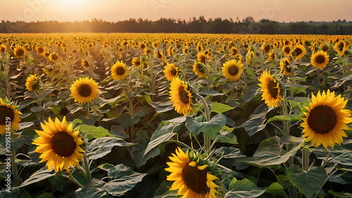 A beautiful picture of a field of sunflowers with soft, warm sunlight. Relaxing.