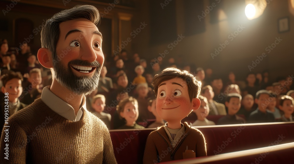 Obraz premium A cheerful father and son share a moment of joy while watching a live performance in a packed theater audience.