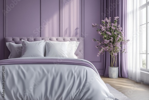 Bedroom interior with muted purple walls and white decor accents