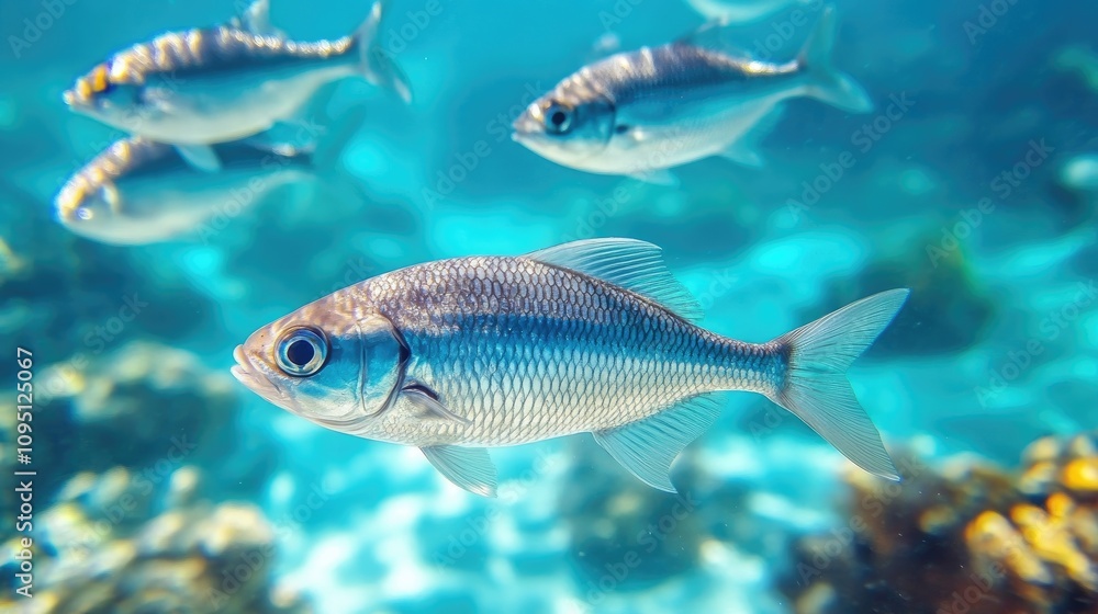 Naklejka premium Underwater Scene Featuring Bright Silver Fish Swimming Gracefully in Clear Turquoise Ocean Water Surrounded by Lush Marine Life and Rocks
