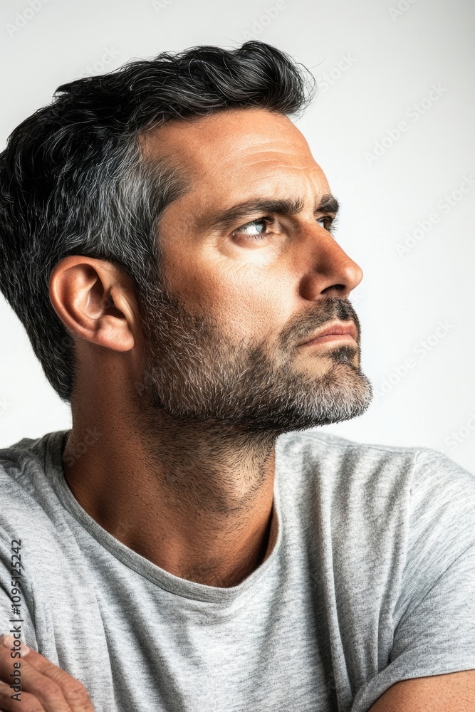 Fototapeta premium A man standing with his arms crossed, looking up