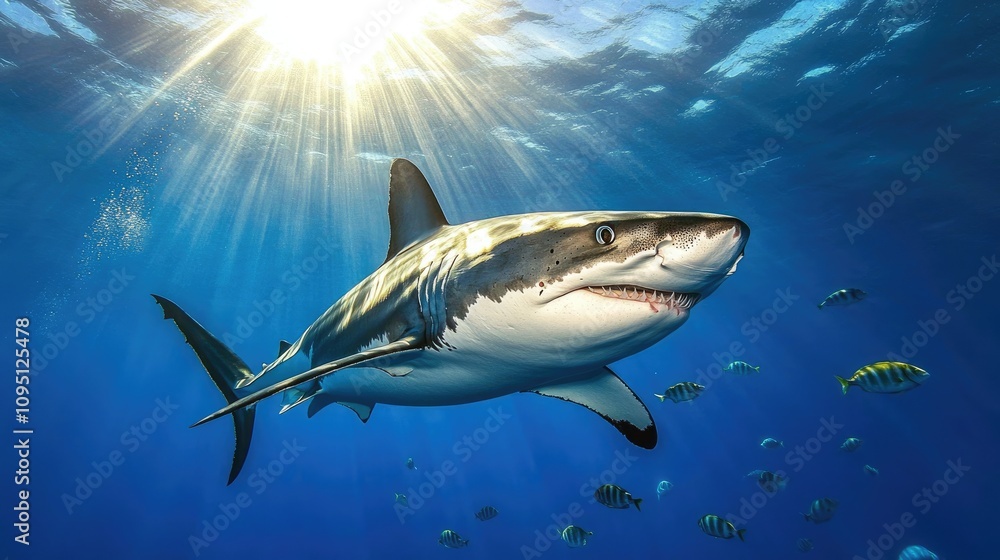Fototapeta premium Majestic Great White Shark Swimming Gracefully in Crystal Clear Ocean Water Under Bright Sunlight with Vibrant Fish in the Background