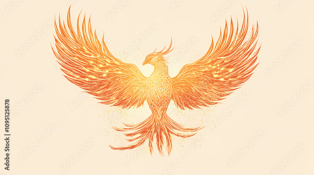 Fototapeta premium A fiery phoenix spreads its wings against a light background. Golden Phoenix Rebirth. Illustration