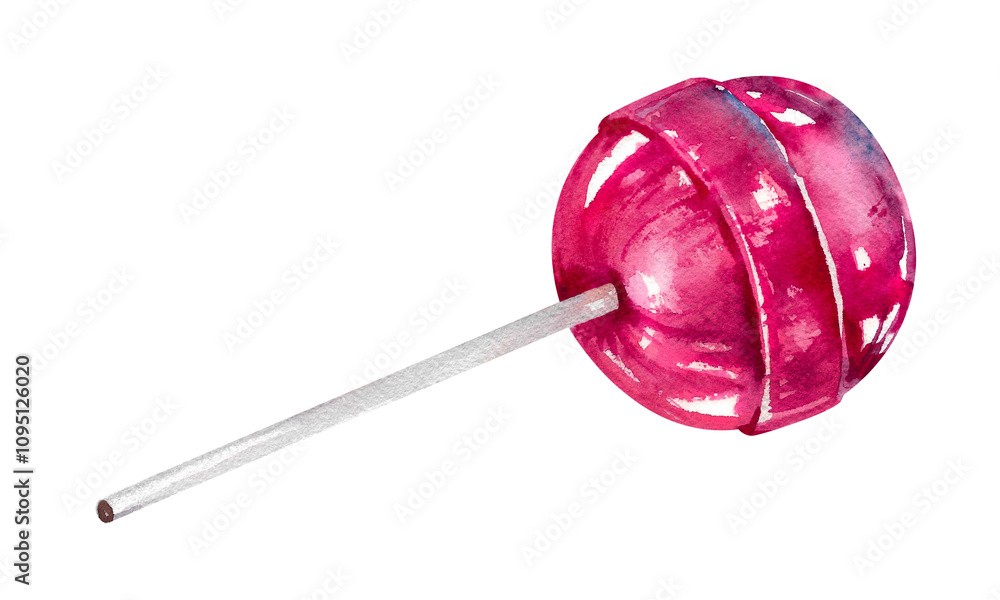 Pink sweet lollipop. Round candy on white stick hand drawn watercolor illustration isolated on white Pink sweet lollipop. Round candy on white stick hand drawn watercolor illustration isolated on white