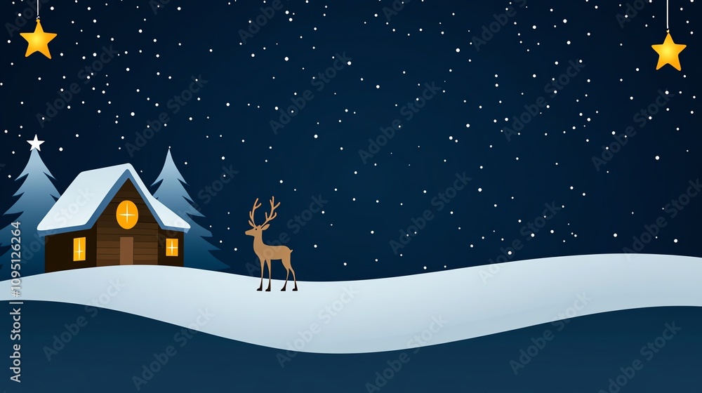 Fototapeta premium Winter night scene with a cozy cabin, snow, reindeer, and twinkling stars in the sky.