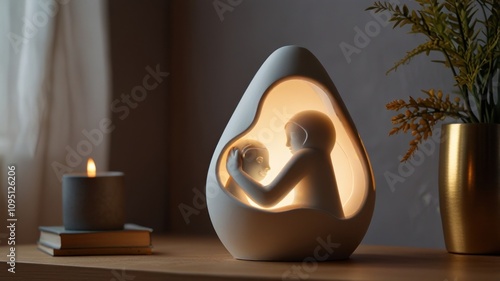 Illuminated mother and child sculpture on table.