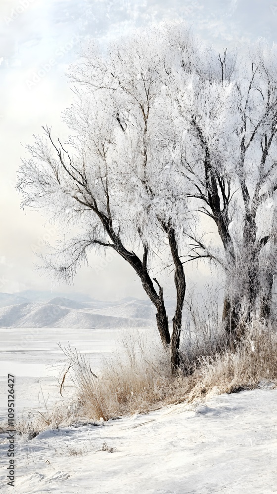 The snow-covered trees in the valley were coated with white rime, creating an atmosphere of tranquility and beauty The snow-covered trees in the valley were coated with white rime, creating an atmosphere of tranquility and beauty