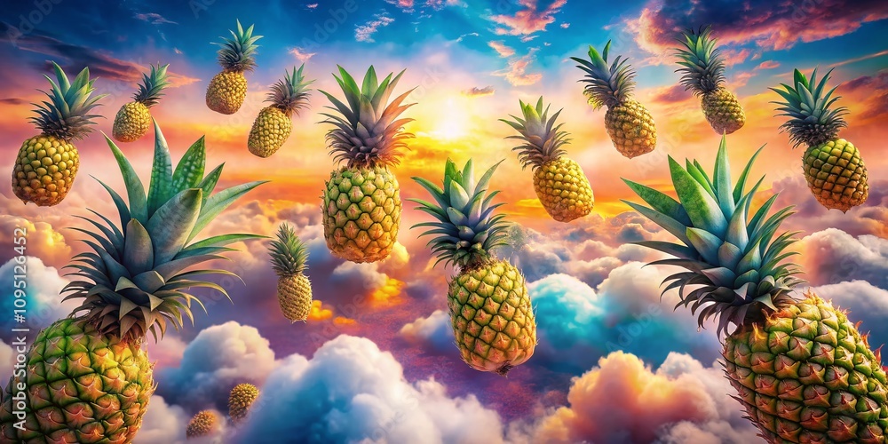 Surreal Dreamscape of Pineapples: Floating in a Colorful Sky with Whimsical Clouds and Abstract Landscapes, Merging Reality and Imagination in a Tropical Paradise Surreal Dreamscape of Pineapples: Floating in a Colorful Sky with Whimsical Clouds and Abstract Landscapes, Merging Reality and Imagination in a Tropical Paradise