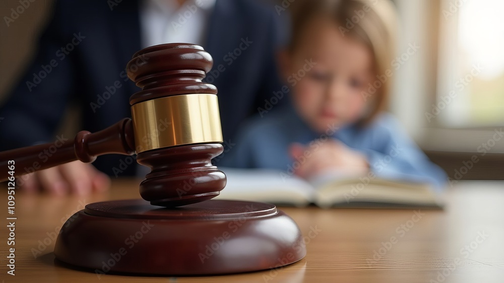 Little boy is behind judge's gavel. Blurred background Little boy is behind judge's gavel. Blurred background