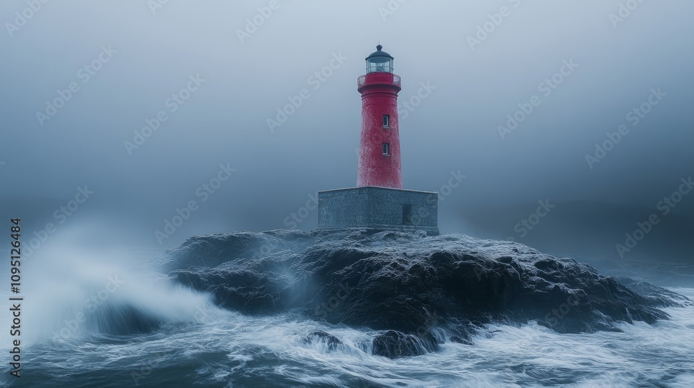 Majestic red lighthouse on rocky coast amid stormy seas and misty sky Majestic red lighthouse on rocky coast amid stormy seas and misty sky